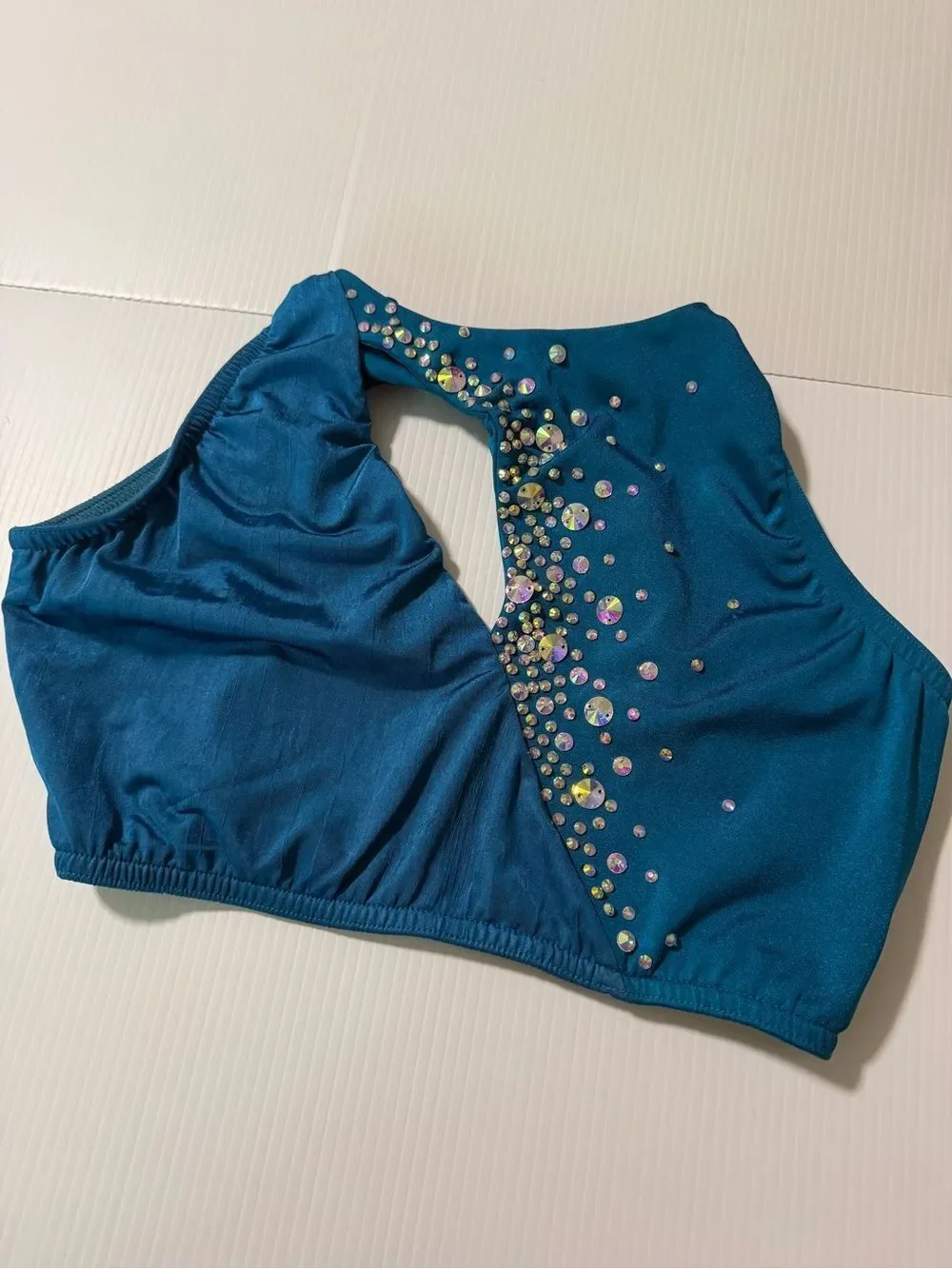 Kelle dance solo costume teal blue 2 piece custom rhinestone MA-Medium adult